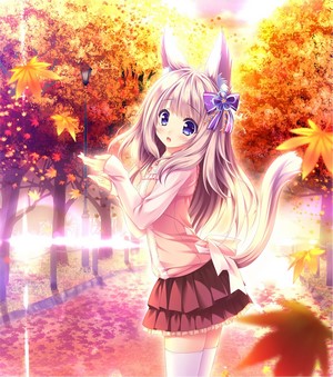 Anime girl with animal ears and tail in fall park