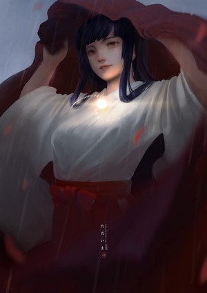 Miko in Kimono holding a red cloth in the rain