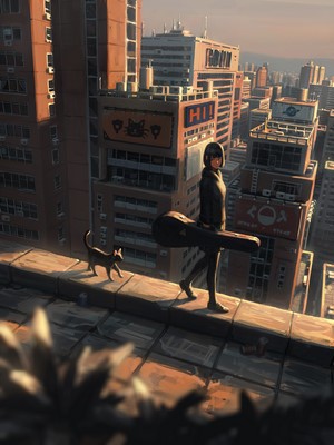 GUWEIZ Anime Girl Walking with Cat in Cityscape