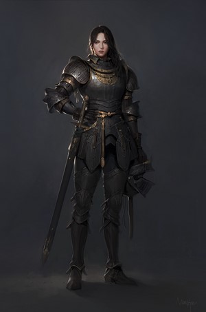 Woman in full plate armor with sword