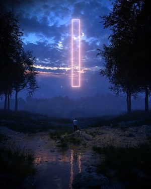 Man standing before a glowing portal in a dark forest