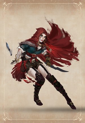 Fictional character with red hood and knives