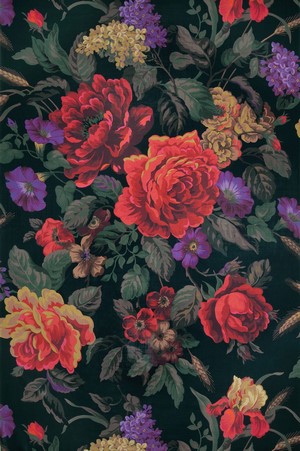 Dark floral pattern with red, yellow, and purple flowers