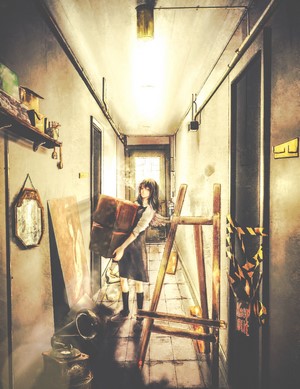 Reki from Haibane Renmei carrying boxes in a hallway