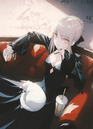 Saber Alter from Fate/Stay Night eating a hamburger with a cat
