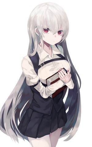 Anime girl with grey hair and red eyes holding a book