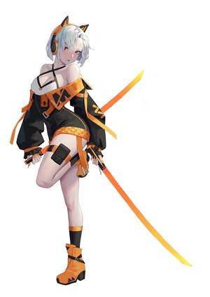 Anime girl with white hair and cat ears holding swords