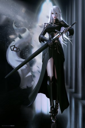 Anime girl with white hair holding a sword
