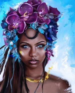 Woman with Flowers in Hair and Blue Eyes