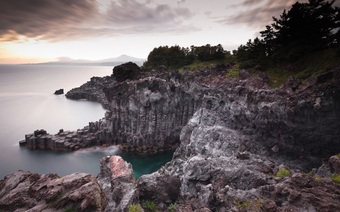 Hexagonal Basalt Columns on a Rocky Coastline