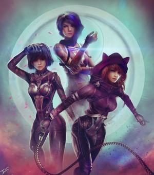 Three women in futuristic armor with whips