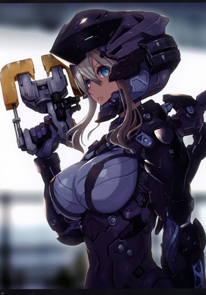 Anime girl in futuristic armor holding a weapon