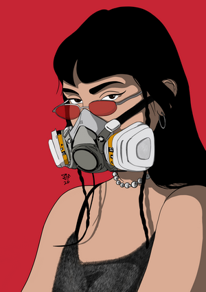 Woman wearing a gas mask and sunglasses