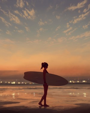 Woman with surfboard on beach at sunset