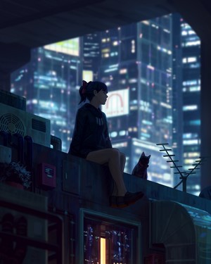 GUWEIZ Digital Art of Woman Sitting on Rooftop