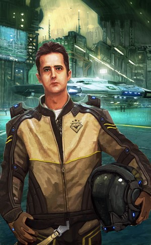 Commander from Elite: Dangerous in a futuristic city