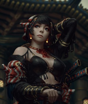 Samurai girl with katanas and Asian architecture