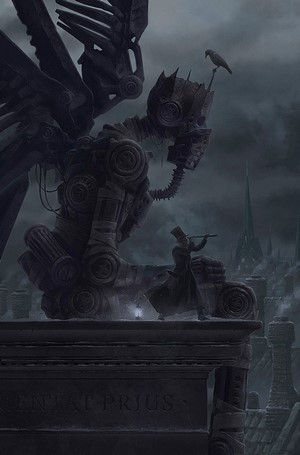 Steampunk automaton and man on rooftop overlooking city