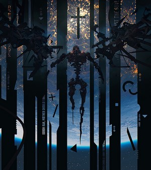 Cybernetic skeleton figure in space with Earth below