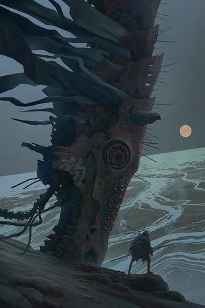 Figure stands before a colossal alien structure under a pale moon