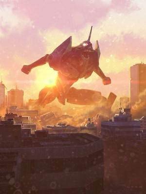 EVA Unit 01 in a destroyed city at sunset