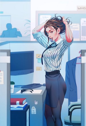 Anime office girl tying her hair in an office cubicle