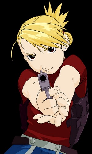 Riza Hawkeye from Fullmetal Alchemist holding a gun