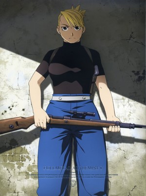 Riza Hawkeye from Fullmetal Alchemist holding a rifle
