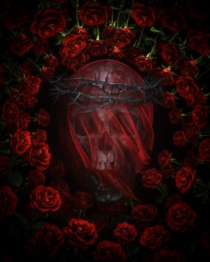 Skull with Crown of Thorns and Red Veil Surrounded by Roses