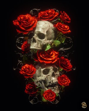 Two skulls surrounded by red roses and ornate metalwork
