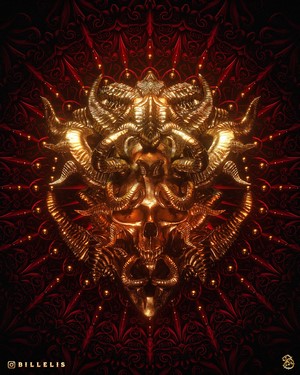 Golden Skull with Horns on Red Pattern