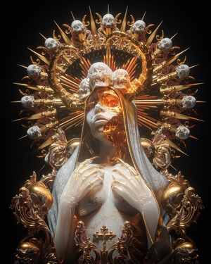Ornate Golden Religious Figure Adorned with Skulls