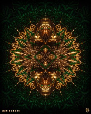 Gold Skulls and Green Ornate Pattern