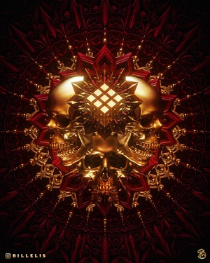 Golden Skulls with Red Mandala by Billelis