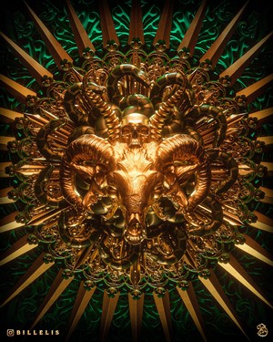 Golden Ram Skull with Snakes and Ornate Background