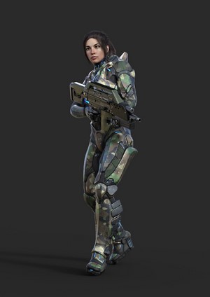 Woman in futuristic camouflage armor holding a rifle
