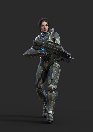 Woman in futuristic camouflage armor holding a rifle