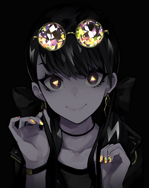 Anime girl with gem-encrusted glasses and colorful nails