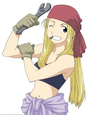 Winry Rockbell from Fullmetal Alchemist with a wrench