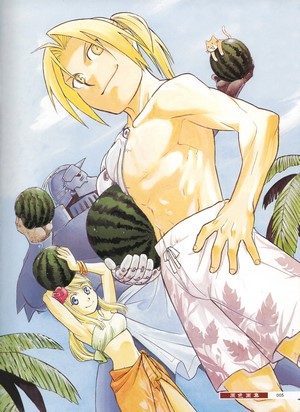 Edward Elric and Alphonse Elric from Fullmetal Alchemist with watermelons