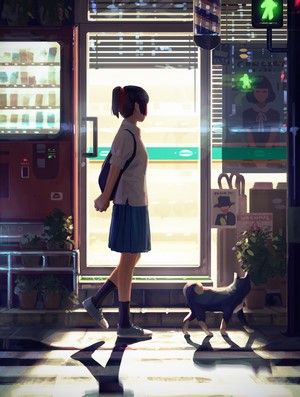 Girl in school uniform walking with dog near vending machine and barber pole