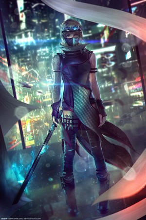 Futuristic Ninja with Katana in Cyberpunk City