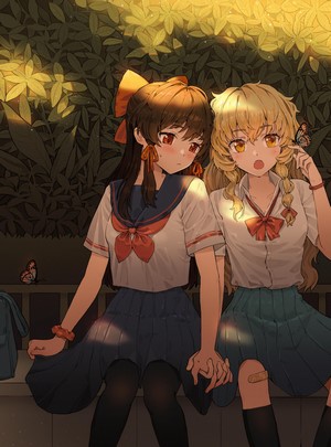 Reimu Hakurei and Marisa Kirisame from Touhou holding hands