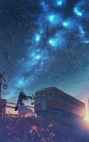 emotion, railway crossing, stars, moescape, original characters, night ...