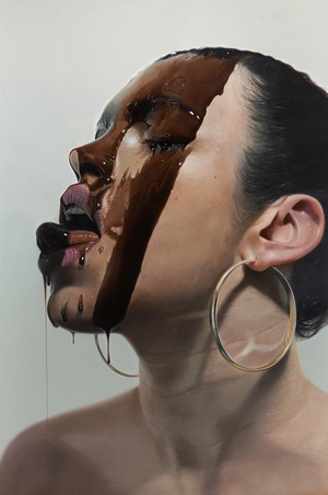 Realistic painting of a woman with chocolate on her face by Mike Dargas