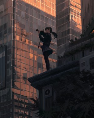 Girl playing violin on a rooftop