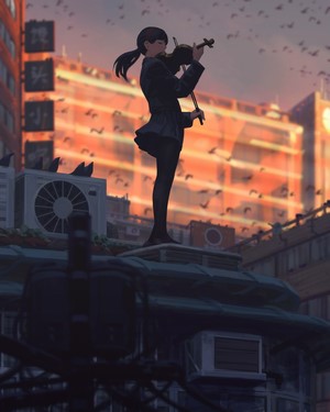 Girl playing violin on a rooftop