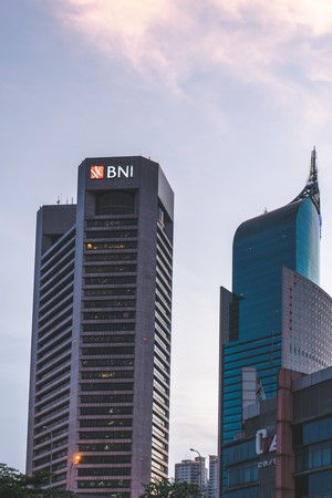 BNI Tower and other skyscrapers in Jakarta at sunset
