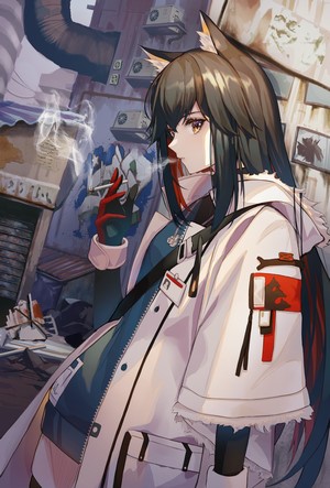 Texas from Arknights smoking in an urban environment