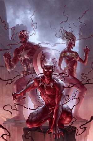 Carnage-infected Captain America, Miss Marvel, and Black Panther